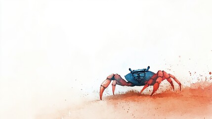 Fototapeta premium A solitary crab walks along the sandy shore during sunset, showcasing its vibrant colors against the serene backdrop of the beach