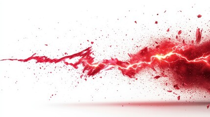 Fototapeta premium Dynamic red lightning bolt with explosion impact on a white isolated background.