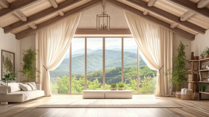 Fototapeta premium Stylish Interior with Beautiful Curtain and Nature View