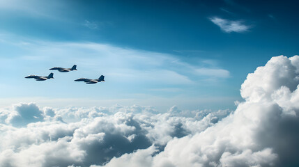 Fototapeta premium A squadron of fighter jets breaking through the clouds, preparing to engage enemy aircraft.