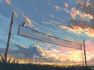 Obraz premium Volleyball Net Under a Vibrant Sunset Sky