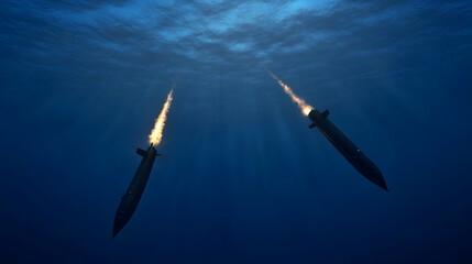 Two submarines engaging in underwater combat, torpedoes streaking through the deep ocean.


