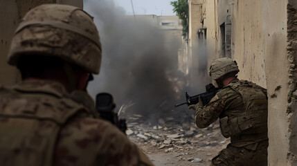 Fototapeta premium Two soldiers exchanging fire from opposite sides of a narrow street, with debris and smoke filling the air.