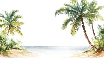 Obraz premium A serene tropical beach with swaying palm trees and a tranquil ocean under a cloudy sky during the day