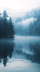 Fototapeta premium A serene lake surrounded by misty pine forests, reflecting the calm and mysterious atmosphere of nature's beauty. The soft blue tones
