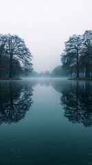 A serene lake surrounded by misty pine forests, reflecting the calm and mysterious atmosphere of nature's beauty. The soft blue tones