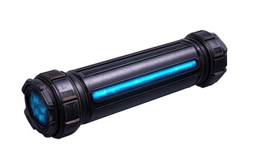 Futuristic technology device, black metal casing with blue light, isolated on white background. isolated on transparent background.