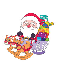 Obraz premium Santa cartoon riding a sleigh full of Christmas gifts and pulled by two reindeer. suitable for stickers, and other design needs.