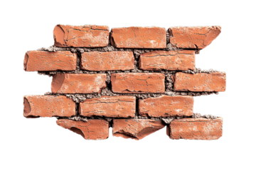 Realistic cracked brick wall piece on white background. isolated on transparent background.