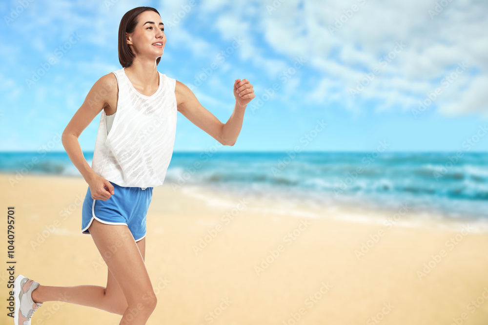 Poster Beautiful woman running on beach. Space for text