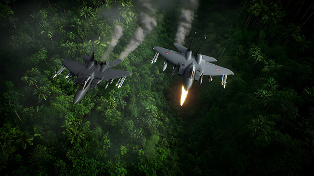 Two fighter jets flying low over a jungle, launching missiles toward a hidden enemy base.


