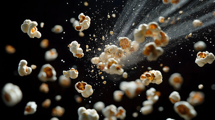 flying popcorn kernels against a dark background, celebrating Popcorn Day with dynamic motion and cinematic vibes.