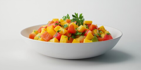 A sleek 3D depiction of a bowl of fresh mango salad, featuring vibrant colors and textures, isolated against a clean backdrop