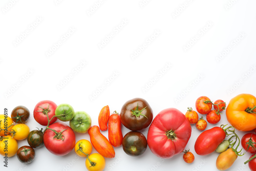 Sticker Different ripe tomatoes on white background, top view. Space for text