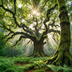 Fototapeta premium Enchanted Forest: Sunlight Through an Ancient Tree