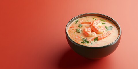 A sleek 3D icon of a bowl of coconut soup, with shrimp and fresh herbs, isolated on a bright backdrop