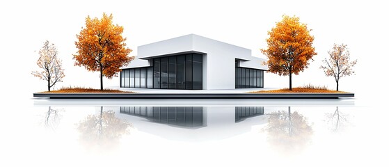 Modern architectural design showcasing minimalist aesthetics with vibrant autumn trees reflecting in a serene pool of water