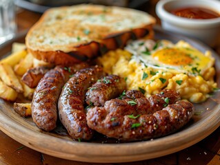 Sizzling sausages with eggs, toast, and fries on a rustic plate at breakfast. Generative AI