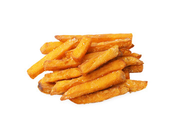 Delicious sweet potato fries isolated on white
