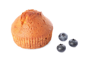 Delicious sweet muffin and blueberries isolated on white