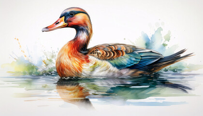Fototapeta premium A vibrant watercolor painting of a duck swimming in a pond. The duck's feathers are a mix of brown, orange, and green, and the water is a beautiful blue with ripples