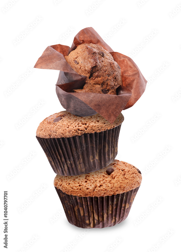 Canvas Prints Stacked tasty chocolate chip muffins on white background