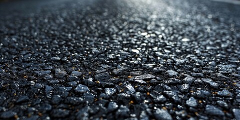 Close-up view of a wet asphalt road glistening under the sunlight in the morning. Generative AI