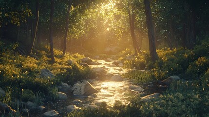 Naklejka premium Sunlit Stream Winding Through A Lush Forest