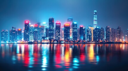 Fototapeta premium A vibrant cityscape at night with colorful lights reflecting on the water.
