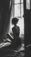 Obraz premium Woman Sitting by the Window, Black and White Portrait