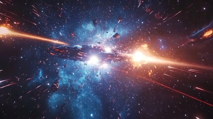 A futuristic spaceship streaks through a nebula, leaving trails of fire and light.