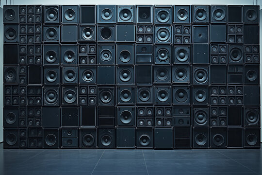 technical equipment, wall of speakers in black, square boxes, stacked on top of each other, pattern, boxes, loudspeakers, rave, techno, goa, trance, edm, photorealistic