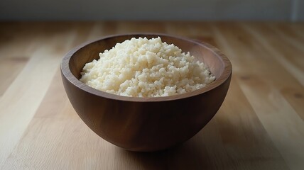 A wooden bowl filled with cooked couscous