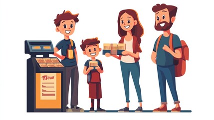 Family enjoying a fun day at a food stall, interacting and sharing smiles.