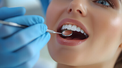 Obraz premium Patient receiving a dental check-up in a clinic with a hygienist using tools for examination