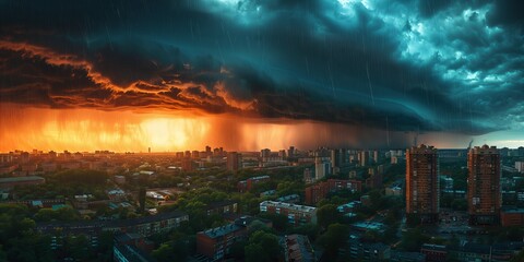 Dramatic sunset behind storm clouds over a city skyline during heavy rainfall. Generative AI