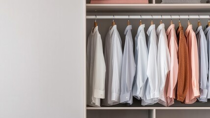 A neat wardrobe displaying a variety of neatly hung shirts in light colors, showcasing organization and style.