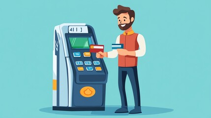 Man using ATM for cash withdrawal, animated character, isolated background.
