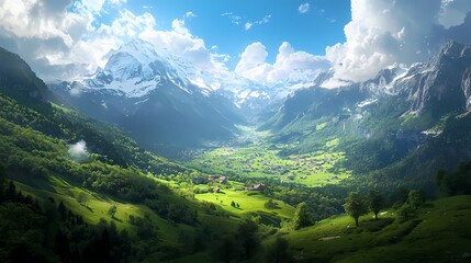 Naklejka premium Picturesque Alpine Valley with Snow-Capped Peaks and Verdant Slopes