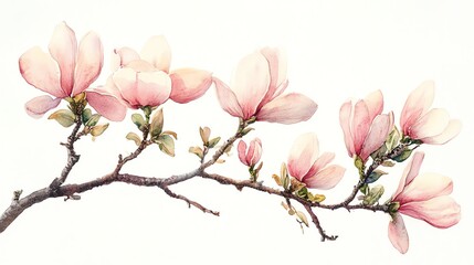 Watercolor painting of a magnolia branch with pink flowers in bloom.