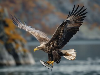 Obraz premium Eagle catching fish over calm waters during golden hour in a natural landscape. Generative AI