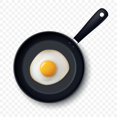 Vector 3d Realistic Fried Egg in the Black Frying Pan, Closeup Isolated, Top View. Design Template of Scrambled Eggs, Fried Egg, Omelette. Delicious Breakfast, Food, Culinary Concept
