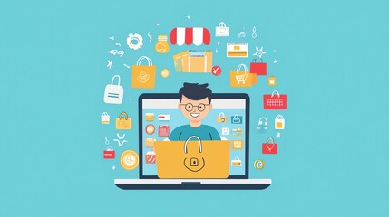 Person shopping online with secure payment on computer screen, modern design.
