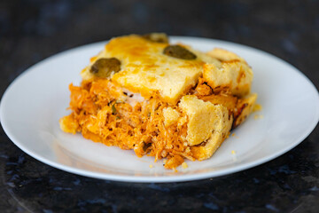 Traditional chicken pie with typical Brazilian catupiry. Empadão de frango