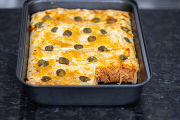 Traditional chicken pie with typical Brazilian catupiry. Empadão de frango