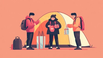 Three friends preparing for camping near a colorful tent, warm attire, outdoor adventure.