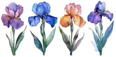 Four watercolor iris flowers with different colors, on a white background.