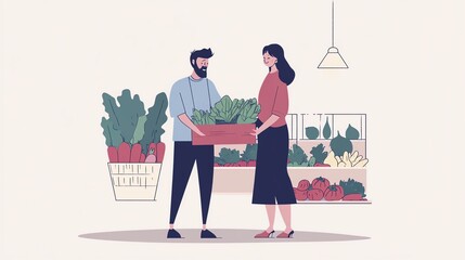 Two people exchanging fresh produce in a cozy market setting.