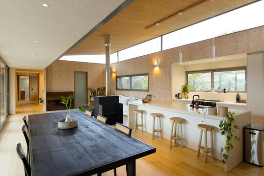 Modern open-plan kitchen and dining area with natural wood accents and plants, at home
