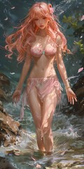Fototapeta premium A serene moment of a woman wading through a tranquil stream in nature. Generative AI